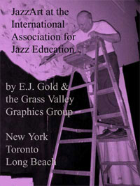 graphic of E.J. Gold on ladder painting for IAJE exhibits
