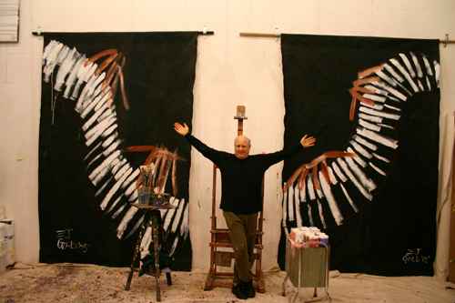 Artist E.J. Gold with his painting of the Wings exhibited at the Herbie Hancock Awards Ceremony
