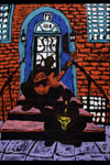 Stage Panel Painting -- Two Bodhisattvas Jammin' on the Stoop -- by E.J. Gold